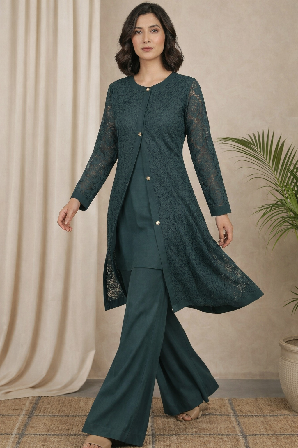 Teal Elegance – Crochet Overlay 2-Piece Ensemble