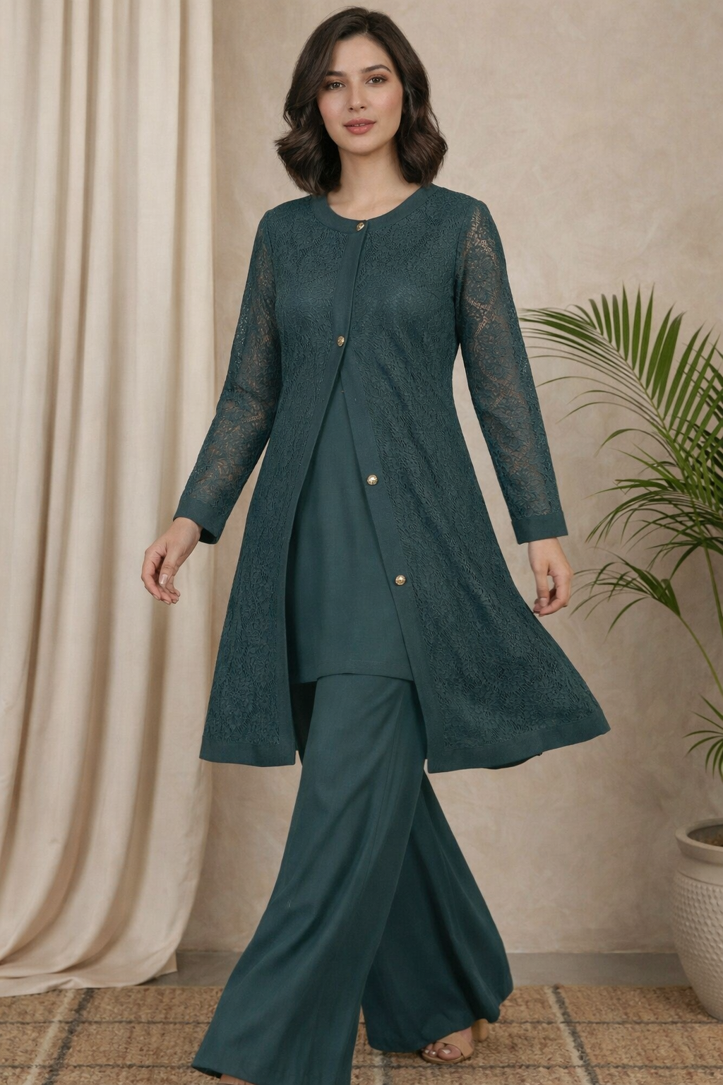 Teal Elegance – Crochet Overlay 2-Piece Ensemble