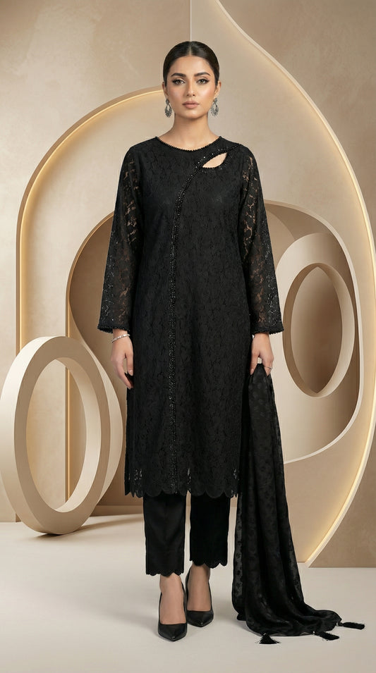 Midnight Elegance – Premium Chantelle-Style Floral Lace 3-Piece Ensemble