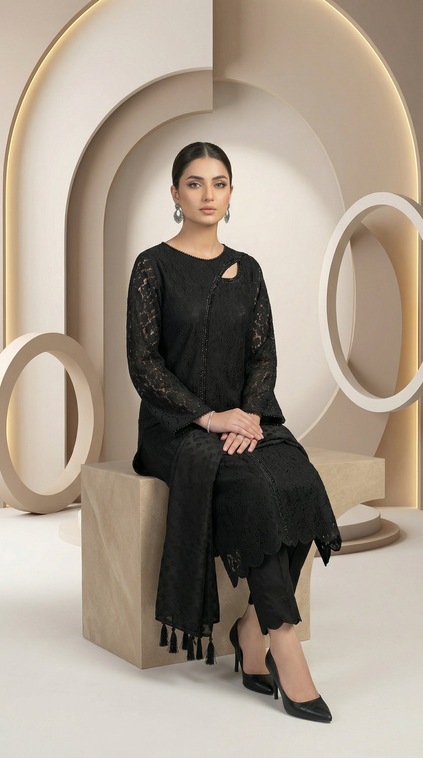 Midnight Elegance – Premium Chantelle-Style Floral Lace 3-Piece Ensemble