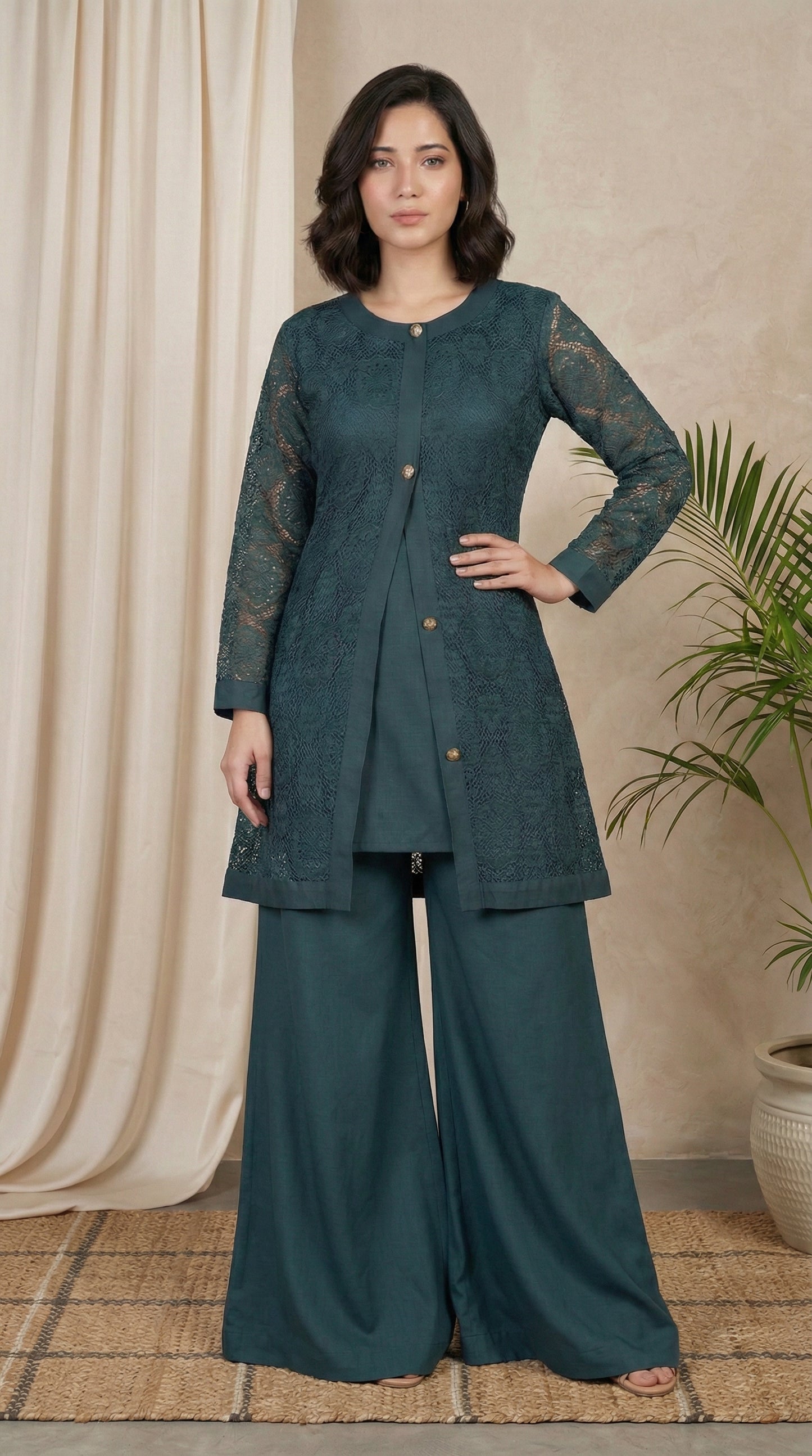 Teal Elegance – Crochet Overlay 2-Piece Ensemble