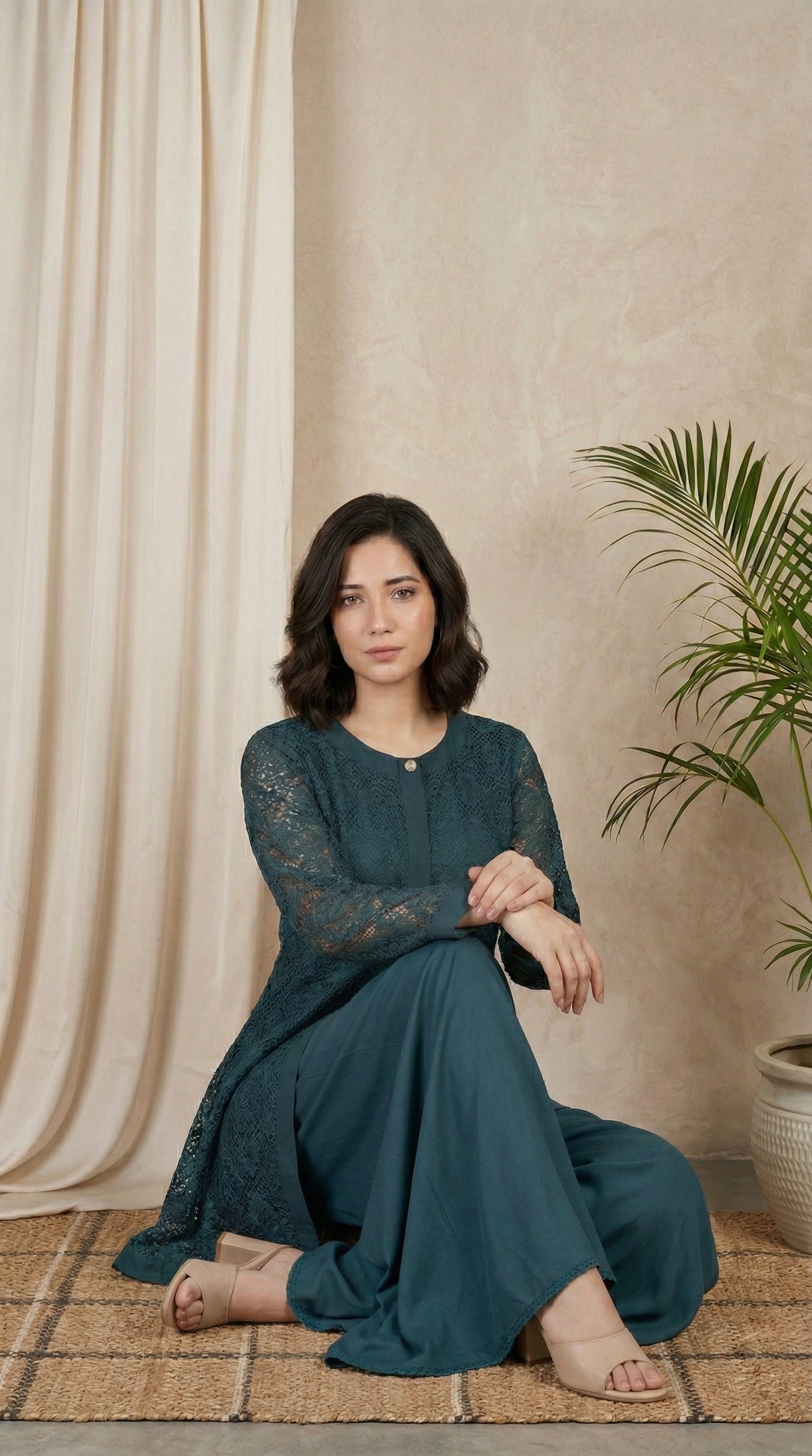 Teal Elegance – Crochet Overlay 2-Piece Ensemble