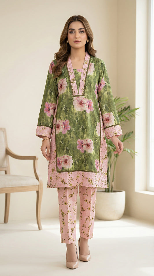 Floral Serenity – Printed Silk-Finish Cotton 2-Piece